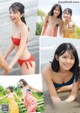 A collage of photos of a woman in a bikini on the beach.