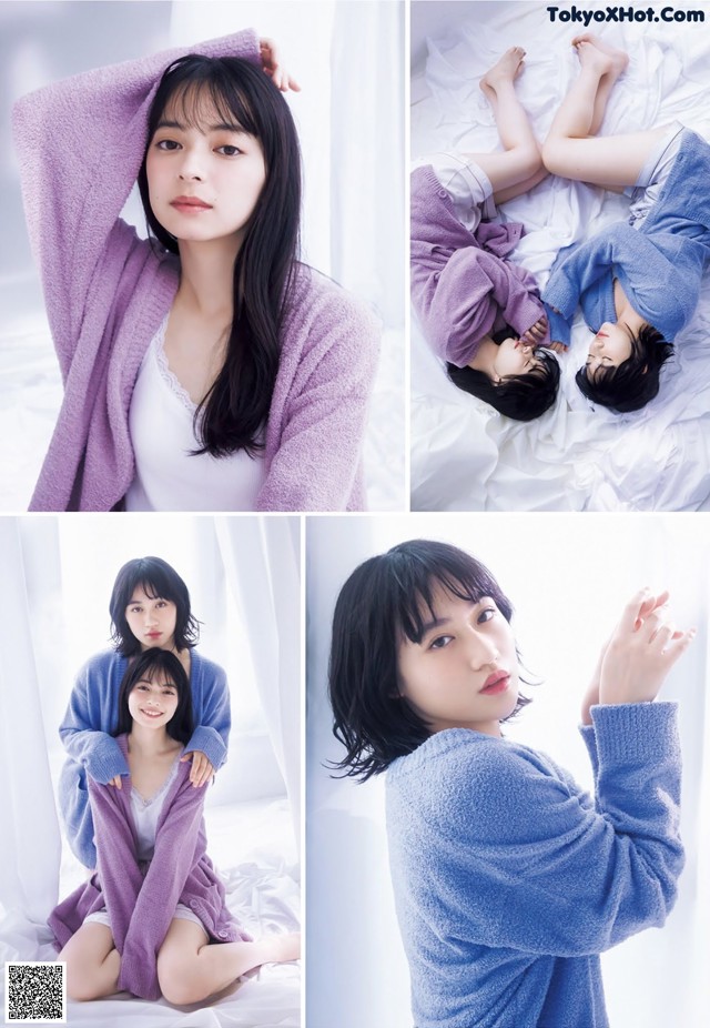 A collage of photos of a woman laying on a bed.