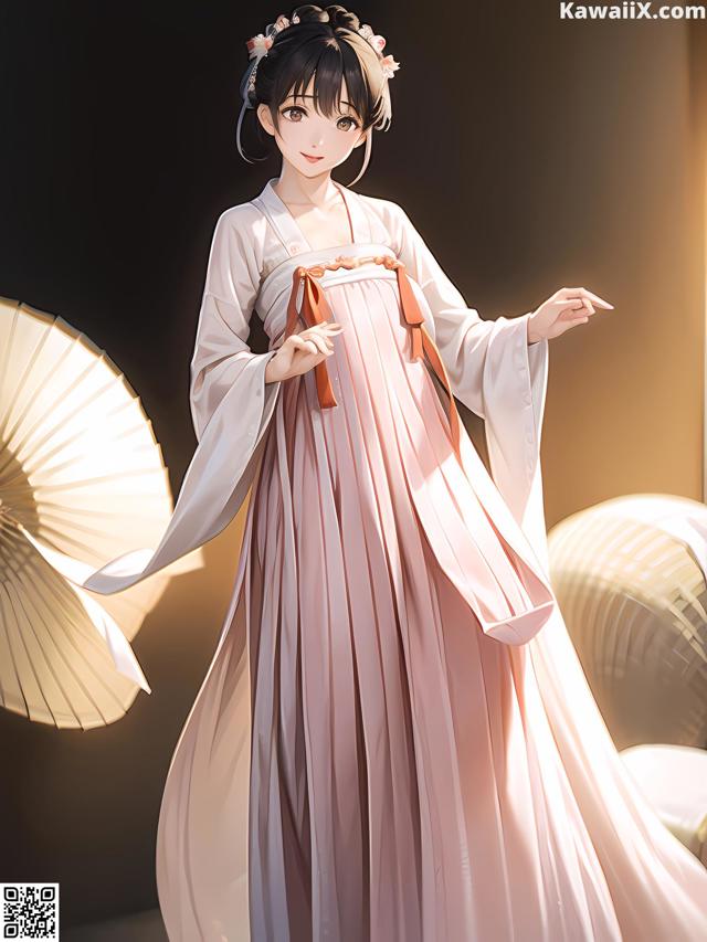 A woman in a pink kimono standing in front of a fan.