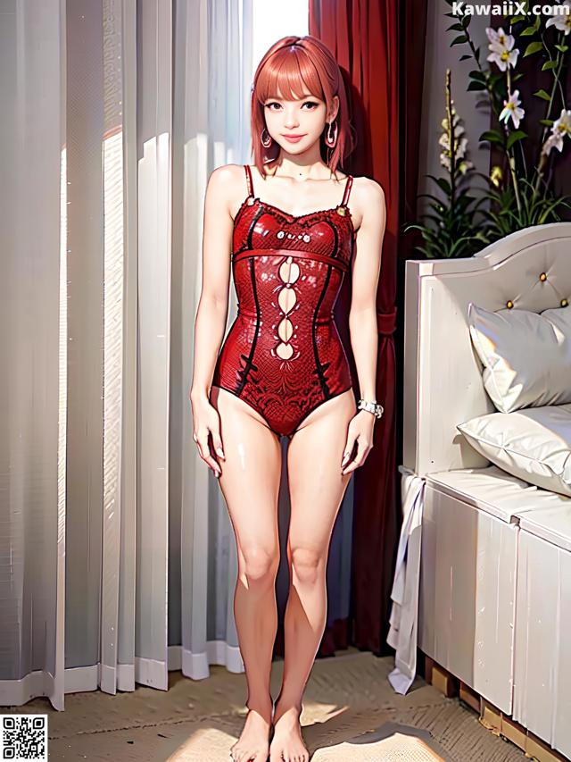 A woman in a red bodysuit standing in front of a window.