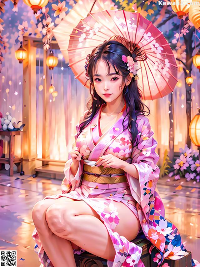 A woman in a kimono sitting on a bench holding an umbrella.