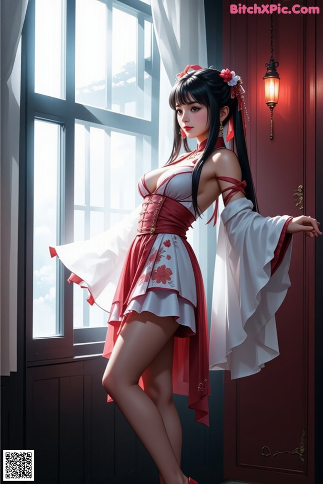 A woman in a red and white dress standing by a window.
